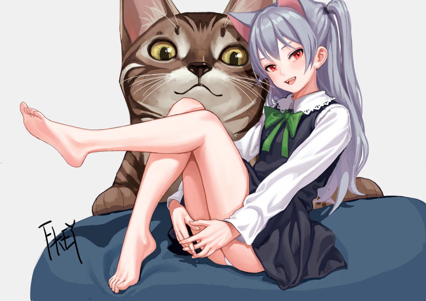 :d animal_ears artist_name ass bare_legs barefoot black_dress blush bow bowtie brown_cat cat cat_ears chinese_commentary commentary_request dress fangs feet fkey full_body green_bow green_neckwear grey_background knees_up lace-trimmed_collar leg_up long_hair long_sleeves looking_at_viewer one_side_up open_mouth original panties pantyshot pantyshot_(sitting) red_eyes shirt short_dress signature silver_hair simple_background sitting smile solo thighs underwear white_panties white_shirt wing_collar