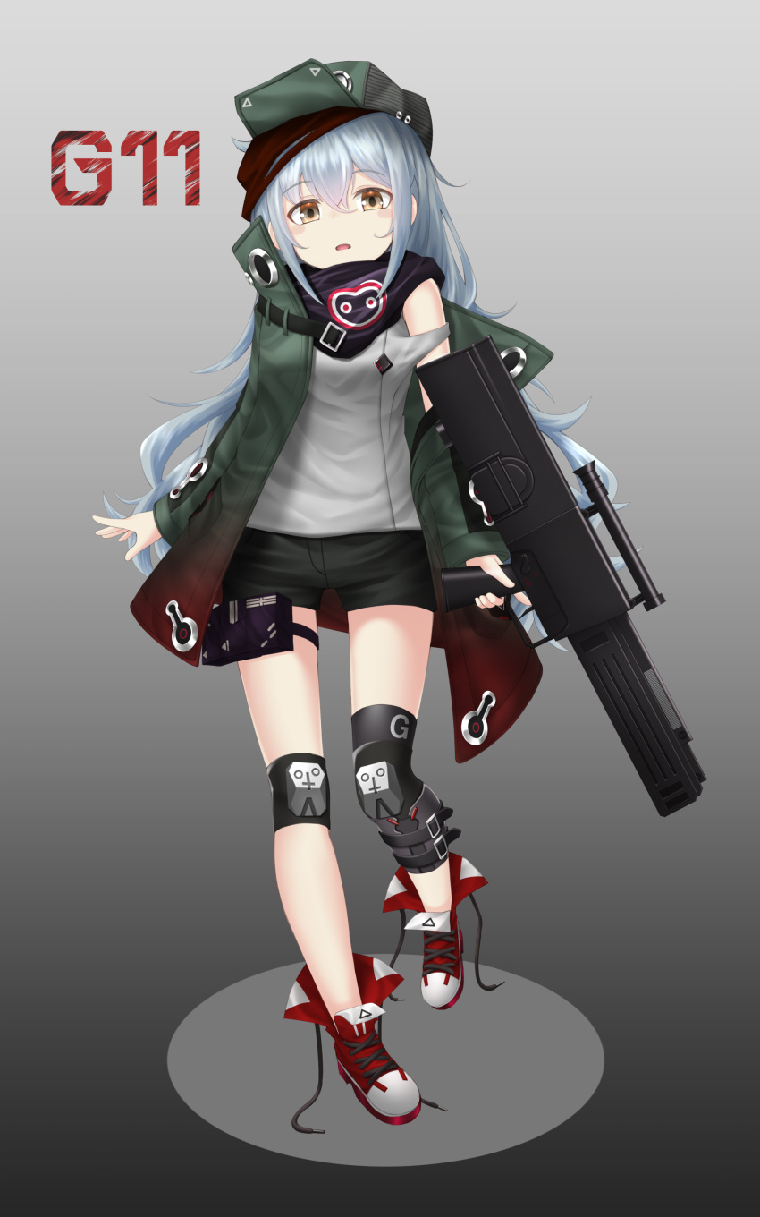 absurdres assault_rifle bangs boots brown_eyes commentary_request eyebrows_visible_through_hair g11 g11_(girls_frontline) girls_frontline gradient gradient_background green_eyes gun hair_between_eyes hat highres holster jacket kakutasu_(akihiron_cactus) knee_pads leg_belt long_hair looking_at_viewer off_shoulder open_mouth rifle scarf scope short_shorts shorts silver_hair simple_background solo thigh_holster very_long_hair weapon