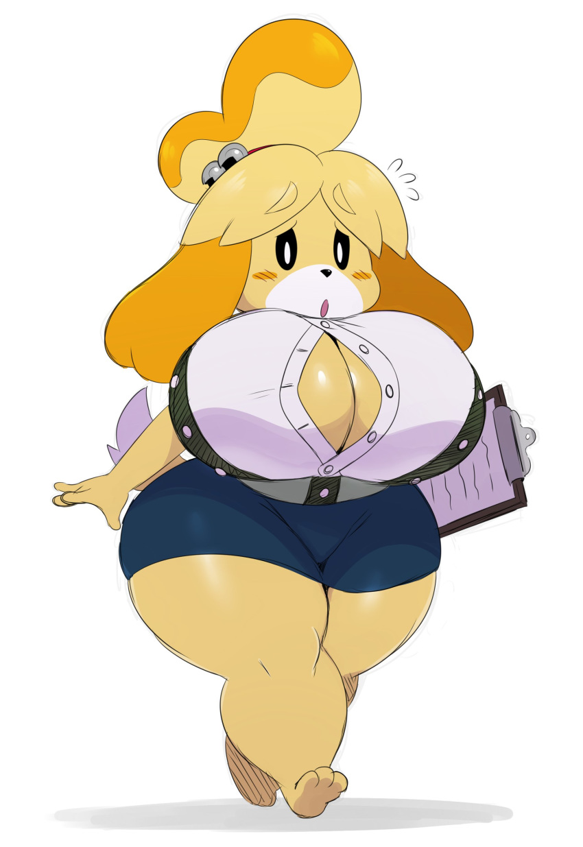 animal_crossing anthro big_breasts blush breasts canine cleavage clothed clothing dog female huge_breasts isabelle_(animal_crossing) mammal nintendo shih_tzu short_stack solo sssonic2 thick_thighs video_games wardrobe_malfunction wide_hips