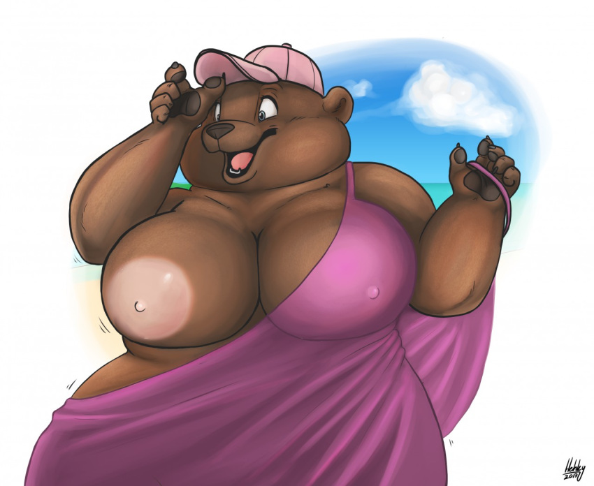 bear big_breasts breasts brown_bear clothing female hehky mammal nipples solo wardrobe_malfunction