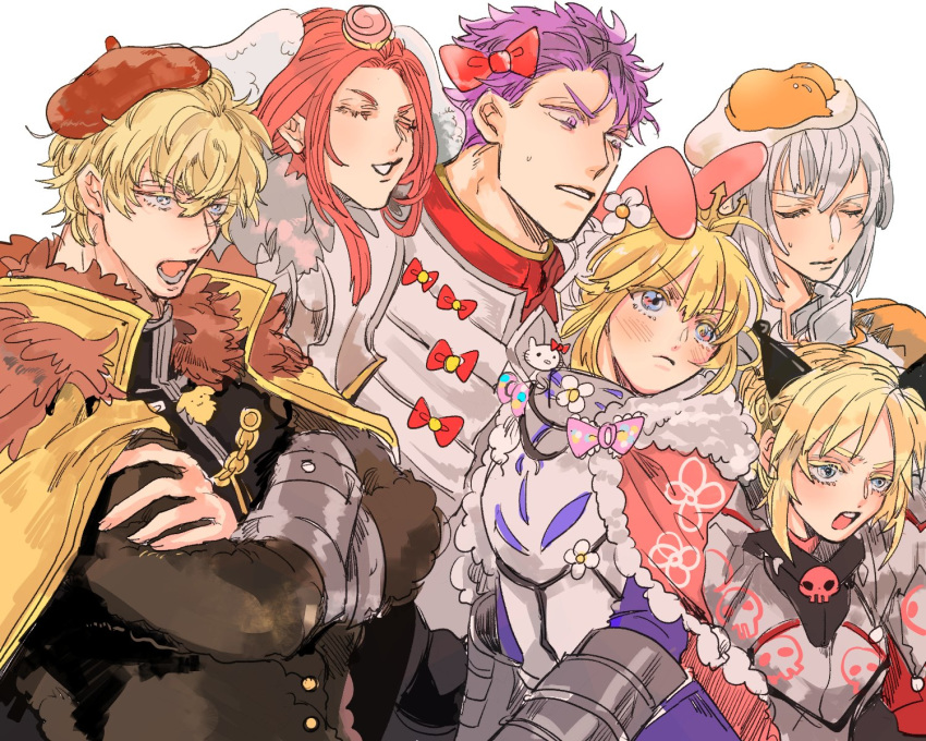 4boys armor artoria_pendragon_(all) bedivere blonde_hair blue_eyes bow cape cinnamoroll cinnamoroll_(cosplay) closed_eyes cosplay crossed_arms fate/grand_order fate_(series) fur_trim gawain_(fate/extra) gudetama gudetama_(cosplay) hello_kitty hello_kitty_(character) hello_kitty_(character)_(cosplay) highres knights_of_the_round_table_(fate) kuromi kuromi_(cosplay) lancelot_(fate/grand_order) matimatio mordred_(fate) mordred_(fate)_(all) multiple_boys multiple_girls my_melody my_melody_(cosplay) onegai_my_melody open_mouth pink_cape pompompurin pompompurin_(cosplay) red_hair saber sanrio silver_hair simple_background tristan_(fate/grand_order) white_background yellow_cape