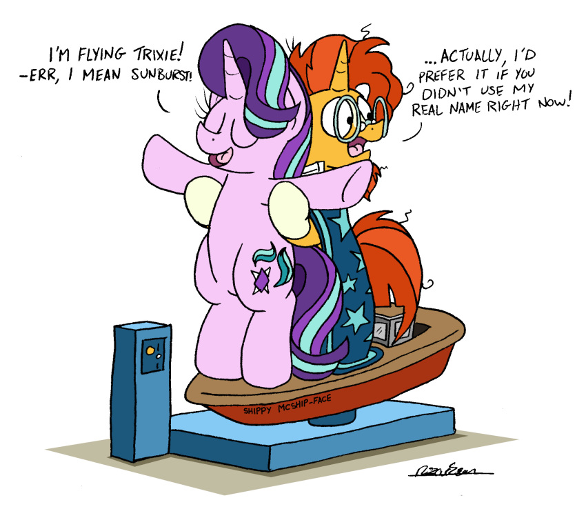 2018 bobthedalek clothed clothing cutie_mark dialogue english_text equine eyewear female feral friendship_is_magic glasses horn hug male mammal my_little_pony ship simple_background starlight_glimmer_(mlp) sunburst_(mlp) text toy unicorn vehicle white_background