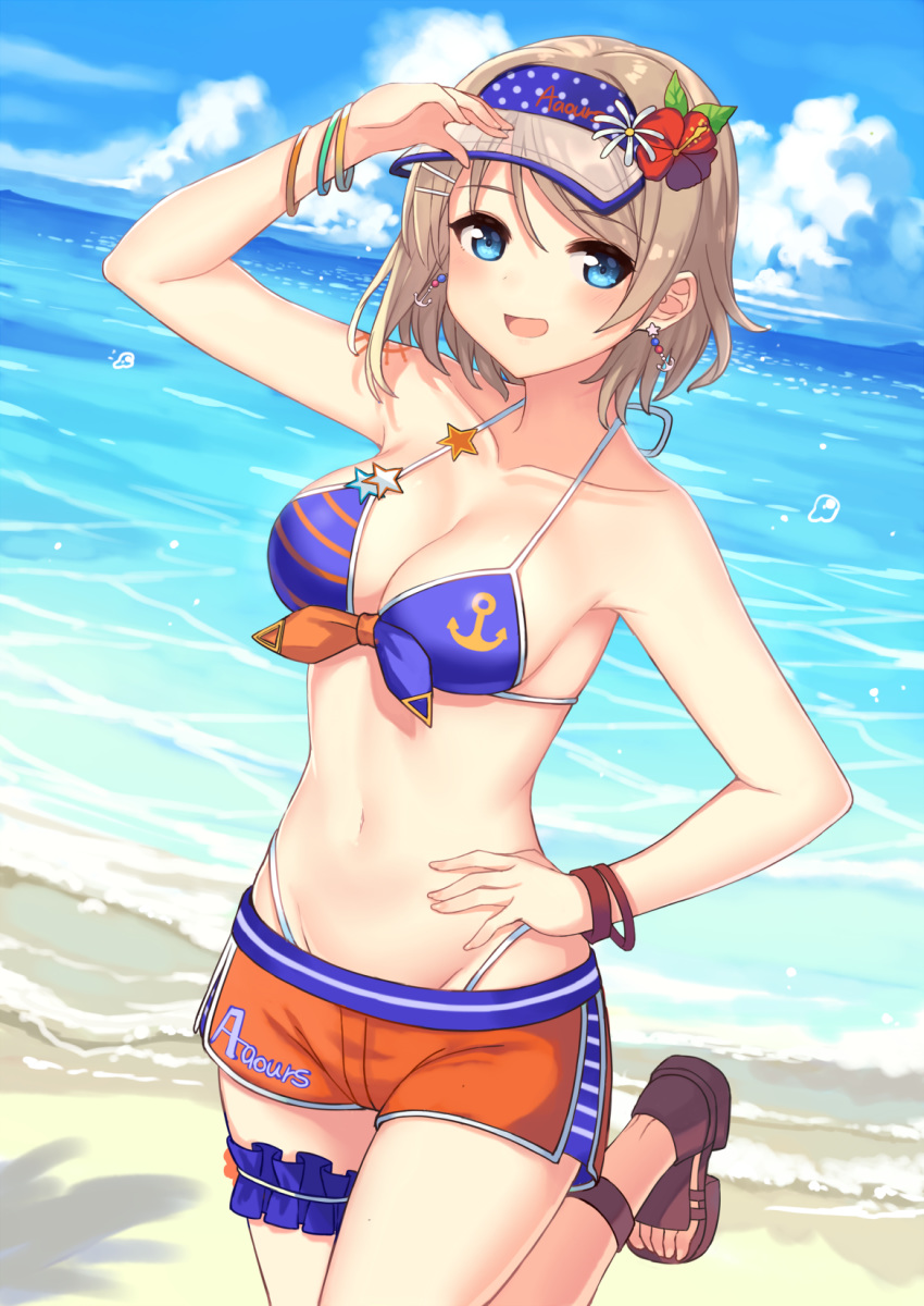 :d anchor_symbol bangs bare_shoulders beach bikini blue_bikini blue_eyes blue_sky blush brown_footwear cloud cloudy_sky collarbone commentary_request day dutch_angle eyebrows_visible_through_hair fingernails flower front-tie_bikini front-tie_top groin hair_between_eyes hair_flower hair_ornament hajime_kaname halter_top halterneck hand_on_hip highres horizon leg_garter light_brown_hair looking_at_viewer love_live! love_live!_sunshine!! navel ocean open_mouth orange_shorts outdoors red_flower sand sandals see-through short_shorts shorts sky smile solo standing standing_on_one_leg star swimsuit toenails visor_cap watanabe_you water white_flower