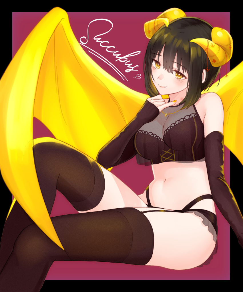 absurdres bangs black_hair blush commentary_request demon_girl demon_horns demon_wings elbow_gloves fang fang_out fingerless_gloves garter_straps gloves heart highres horns idolmaster idolmaster_cinderella_girls jewelry midriff monotiina nail_polish navel necklace short_hair smile solo succubus takafuji_kako thighhighs thighs wings yellow_eyes yellow_nails yellow_wings