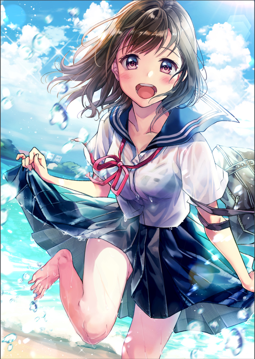 :d bag bangs barefoot black_skirt blue_sky blurry blurry_foreground blush brown_hair cloud cloudy_sky commentary_request day depth_of_field eyebrows_visible_through_hair highres long_hair looking_at_viewer matsuzaki_miyuki neck_ribbon open_mouth original outdoors pleated_skirt red_eyes red_ribbon ribbon round_teeth sand school_bag school_uniform see-through serafuku shirt short_sleeves skirt skirt_hold sky smile solo standing standing_on_one_leg sunlight teeth toenails upper_teeth water water_drop wet wet_clothes wet_shirt white_shirt