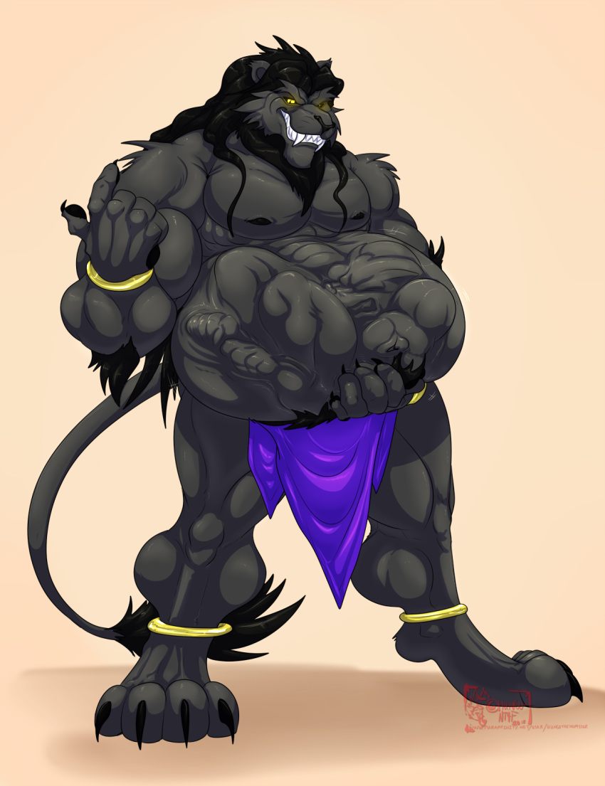 2018 4_toes 5_fingers abs anthro anthro_on_anthro biceps black_fur black_hair black_nose canine claws clothed clothing digitigrade duo feline fingerpads fur glowing glowing_eyes grey_skin grin hair hair_tuft hand_on_stomach hungothenomster inside_stomach inviting lion long_hair looking_at_viewer male male/male mammal mane muscular muscular_male muscular_thighs nipples oral_vore post_vore sharp_teeth simple_background slit_pupils smile standing teeth toes topless vore yellow_eyes