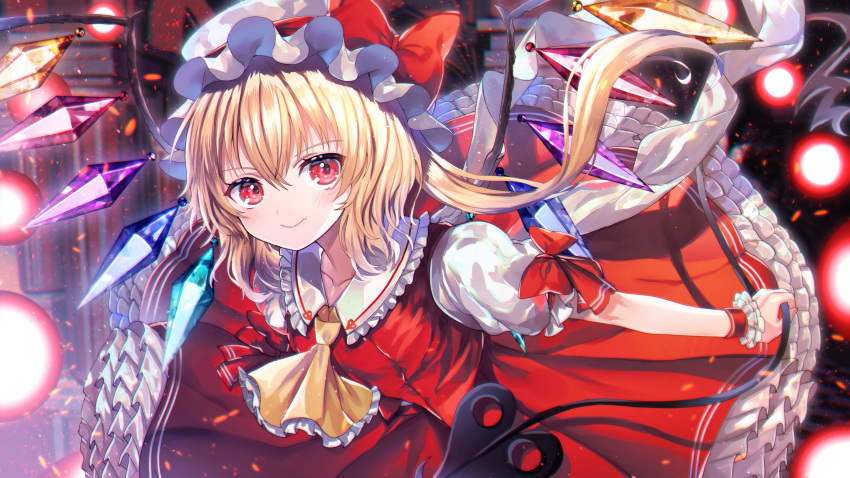 abandon_ranka ascot blonde_hair blush bow collarbone commentary_request crystal danmaku embers flandre_scarlet frilled_ascot frilled_shirt_collar frills hair_between_eyes hat hat_bow highres holding laevatein long_hair looking_at_viewer mob_cap one_side_up petticoat red_bow red_eyes red_skirt red_vest skirt smile solo touhou vest white_hat wings wrist_cuffs yellow_neckwear