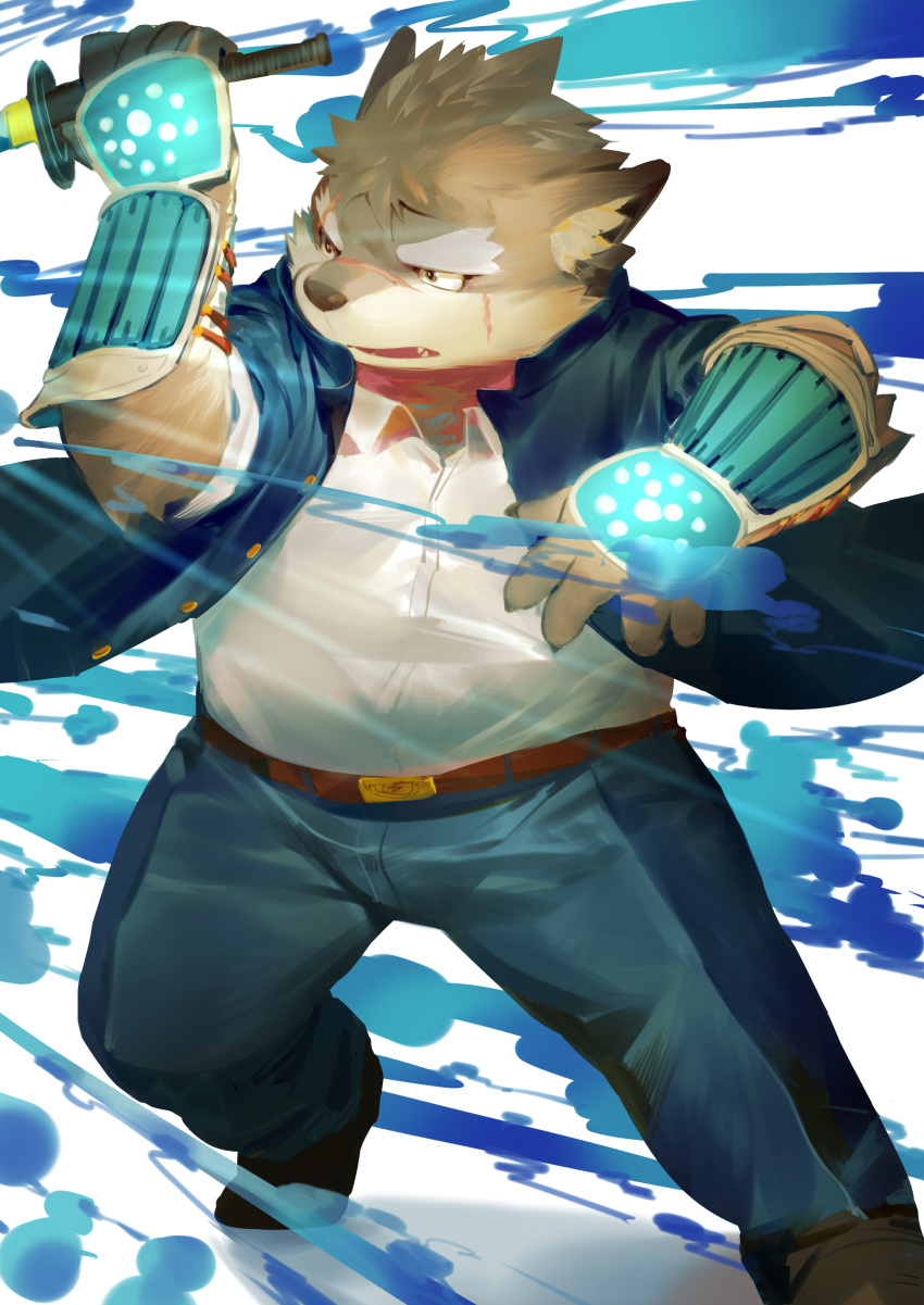 2017 5_fingers anthro belt black_nose canine claws clothed clothing dog fangs footwear fully_clothed fur gharne mammal moritaka multicolored_fur pants scar shoes solo tokyo_afterschool_summoners two_tone_fur