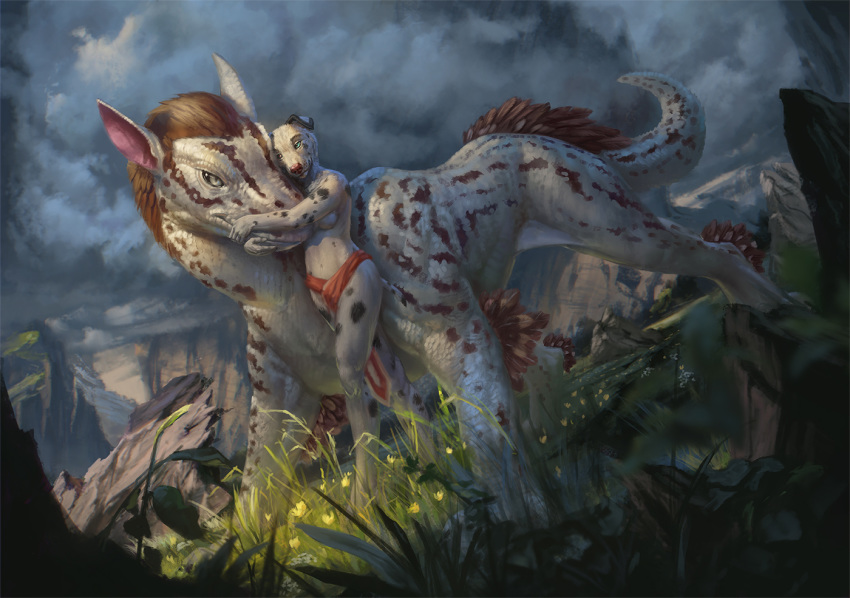 2018 ambiguous_gender anthro breasts brown_hair canine clothed clothing conditional_dnp day detailed_background digital_media_(artwork) dog dragon duo featureless_breasts female feral grass hair heterochromia latex_(artist) loincloth mammal outside sky topless