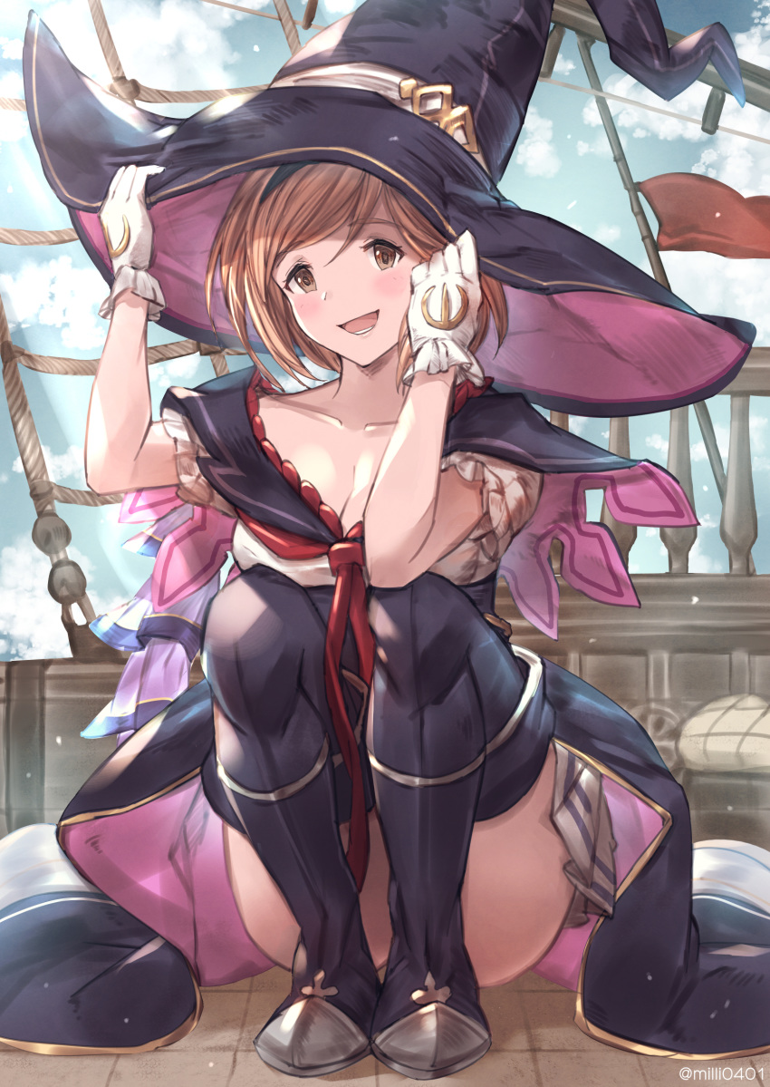 :d arms_up bangs black_footwear black_hat black_legwear blue_sky boots breasts brown_eyes brown_hair cleavage cloud cloudy_sky collarbone commentary day djeeta_(granblue_fantasy) english_commentary eyebrows_visible_through_hair gloves granblue_fantasy hair_between_eyes hands_on_headwear hat head_tilt highres medium_breasts milli_little open_mouth outdoors pleated_skirt red_neckwear shirt short_hair short_sleeves skirt sky smile solo squatting thigh_boots thighhighs white_gloves white_shirt white_skirt witch_hat