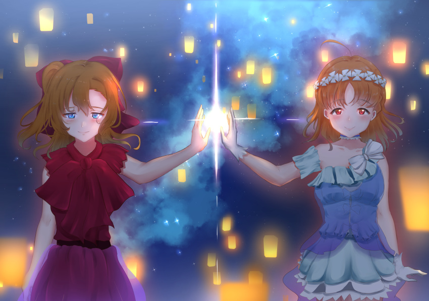 absurdres ahoge bangs birthday cloud cloudy_sky commentary_request cosplay costume_switch gloves gundamzukidayo hair_ribbon head_wreath highres kousaka_honoka kousaka_honoka_(cosplay) lantern love_live! love_live!_school_idol_project love_live!_sunshine!! multiple_girls night night_sky orange_hair ribbon short_hair side_ponytail sky star_(sky) starry_sky takami_chika takami_chika_(cosplay) yume_de_yozora_wo_terashitai yume_no_tobira