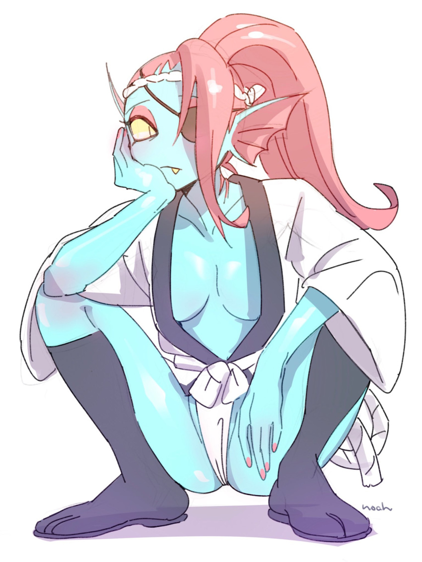 anthro blue_skin breasts cleavage clothed clothing crouching eye_patch eyewear female fish hair legwear long_hair marine noaharbre non-mammal_breasts ponytail red_hair robe sharp_teeth simple_background slit_pupils solo spread_legs spreading teeth undertale undyne video_games white_background yellow_eyes