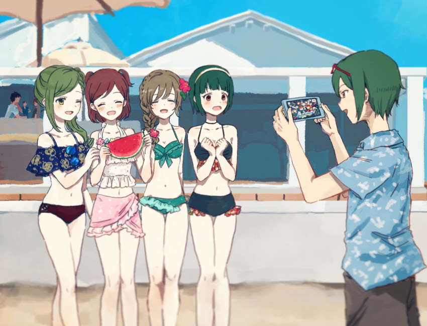 4girls alternate_costume aoba_misaki beach_house bikini breasts brown_hair cellphone cleavage eyewear_on_head flower food frilled_bikini frills fruit glasses green_bikini green_hair hair_flower hair_ornament hairband hawaiian_shirt highres idolmaster idolmaster_(classic) idolmaster_cinderella_girls idolmaster_million_live! idolmaster_million_live!_theater_days idolmaster_shiny_colors idolmaster_side-m iphone multiple_girls nanakusa_hazuki nekozuka_(duka_nkdk) otonashi_kotori phone pink_bikini playing_games red-framed_eyewear red_hair senkawa_chihiro shirt short_hair smartphone swimsuit two_side_up umbrella watermelon yamamura_ken