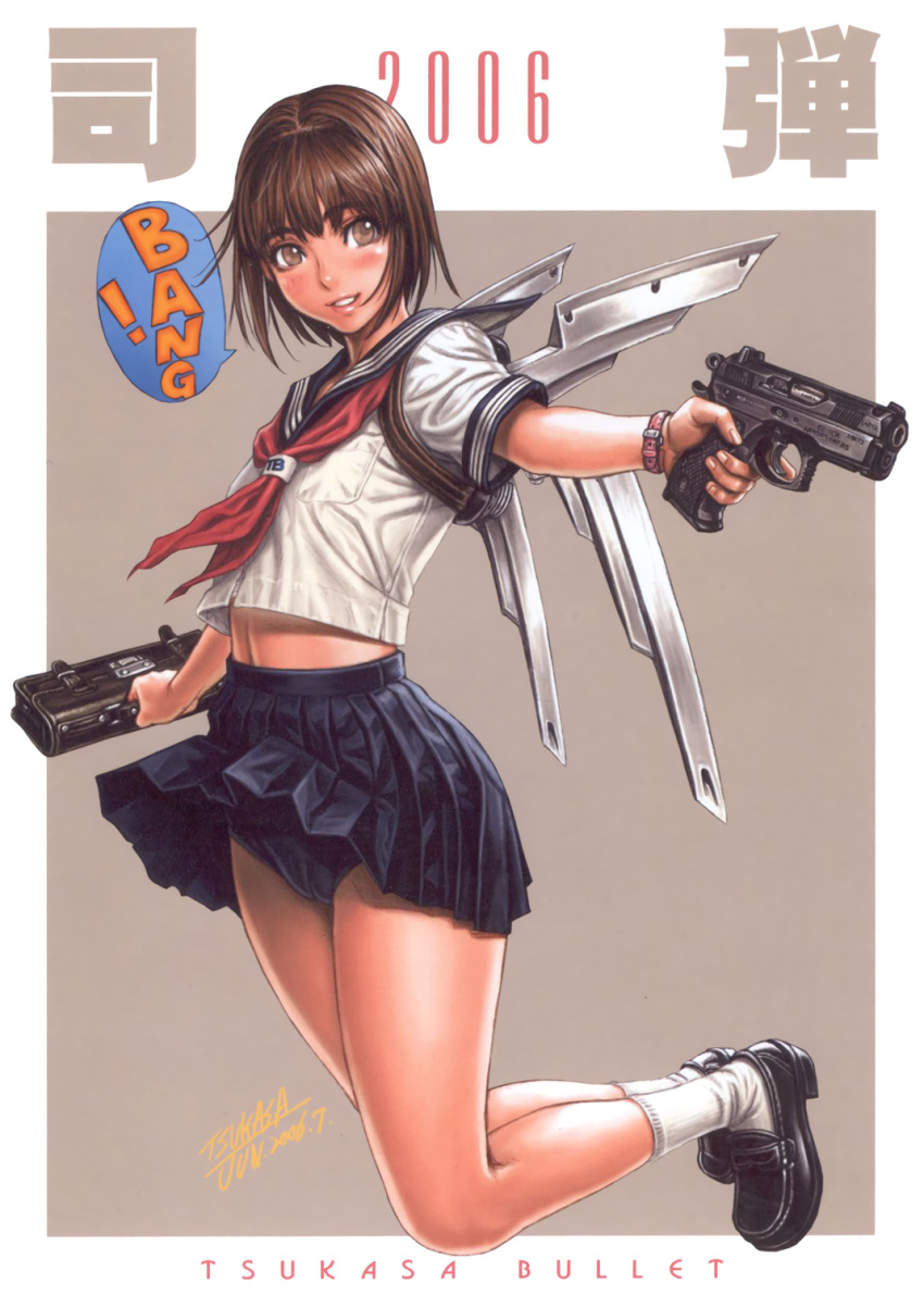 2006 artist_name black_footwear blush bracelet brown_eyes brown_hair buruma cz-p01 dated grin gun highres holding holding_briefcase holding_gun holding_weapon jewelry midriff neckerchief original pleated_skirt school_briefcase school_uniform serafuku short_hair short_sleeves skirt smile solo speech_bubble tsukasa_jun weapon wings