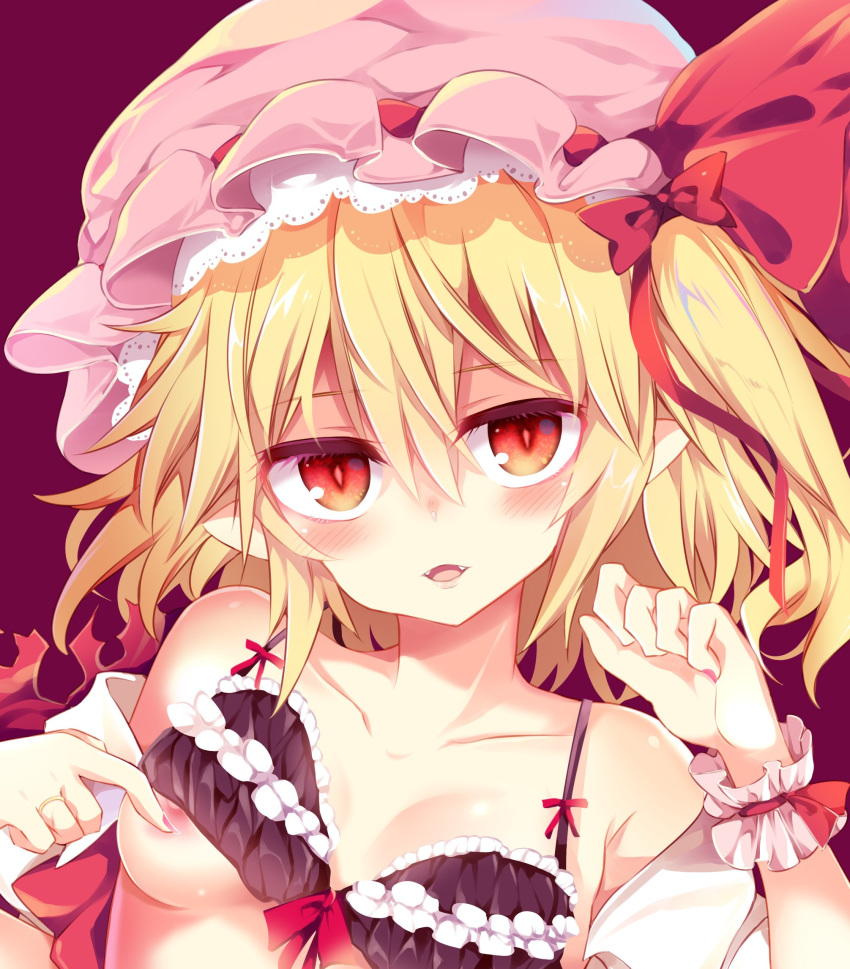 areolae bare_shoulders black_bra blonde_hair blush bow bra breasts clenched_hand collarbone commentary_request eyebrows_visible_through_hair fangs flandre_scarlet frilled_bra frills hair_between_eyes hair_bow hand_up hat hat_ribbon head_tilt highres jewelry lace lace-trimmed_hat lace_trim maturiuta_sorato nail_polish off_shoulder one_side_up parted_lips pink_hat pink_nails pointy_ears red_background red_bow red_eyes red_ribbon ribbon ring shirt short_hair simple_background small_breasts smile solo touhou underwear upper_body white_shirt wrist_cuffs