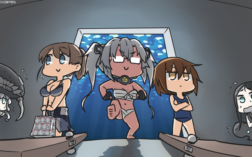 bikini blue_eyes brown_eyes brown_hair budget_sarashi chibi commentary crossed_arms dark_skin door fingerless_gloves full_body glasses gloves hamu_koutarou highres intrepid_(kantai_collection) kantai_collection kunihiko_moriguchi long_hair mitsukoshi_(department_store) multicolored multicolored_bikini multicolored_clothes multicolored_sarong multiple_girls musashi_(kantai_collection) partly_fingerless_gloves pointy_hair ponytail ru-class_battleship sarashi sarong school_swimsuit semi-rimless_eyewear shinkaisei-kan short_hair silver_hair swimsuit twintails two_side_up under-rim_eyewear wakaba_(kantai_collection) wo-class_aircraft_carrier