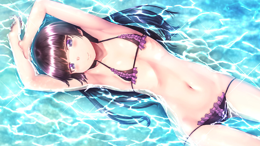 armpits arms_up ass_visible_through_thighs bangs bikini blunt_bangs blush breasts caustics collarbone cowboy_shot frilled_bikini frills gokou_ruri head_tilt highres long_hair looking_at_viewer lowleg lowleg_bikini lying micro_bikini mole mole_under_eye navel on_back ore_no_imouto_ga_konna_ni_kawaii_wake_ga_nai partially_submerged purple_bikini purple_eyes purple_hair shiny shiny_skin sidelocks small_breasts smile solo sparkle string_bikini swimsuit wallpaper water yuuki1103