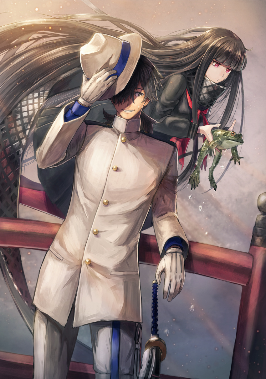 1girl black_hair commentary_request dress fate/grand_order fate_(series) floating frog gloves hat hat_tip highres holding holding_hat katana kuroi_susumu leaning_on_rail long_dress long_hair military military_uniform naval_uniform oryou_(fate) red_eyes sailor_dress sakamoto_ryouma_(fate) sword uniform very_long_hair weapon white_gloves white_hat