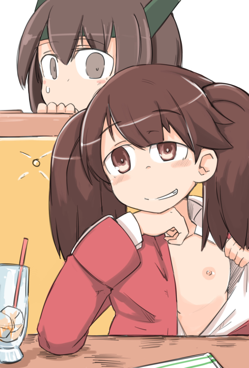 blush brown_eyes brown_hair chin_rest collared_shirt commentary cup drinking_glass drinking_straw empty_eyes enjaku_izuku eyebrows_visible_through_hair flashing flat_chest grin headgear highres indoors japanese_clothes kantai_collection kariginu long_sleeves looking_at_another looking_at_viewer medium_hair nipples no_bra open_clothes open_mouth open_shirt oppai_challenge peeking_out pov_across_table raised_eyebrows ryuujou_(kantai_collection) shirt short_twintails simple_background sitting sketch_eyebrows smile sweatdrop taihou_(kantai_collection) twintails uneven_eyes white_background white_shirt wing_collar