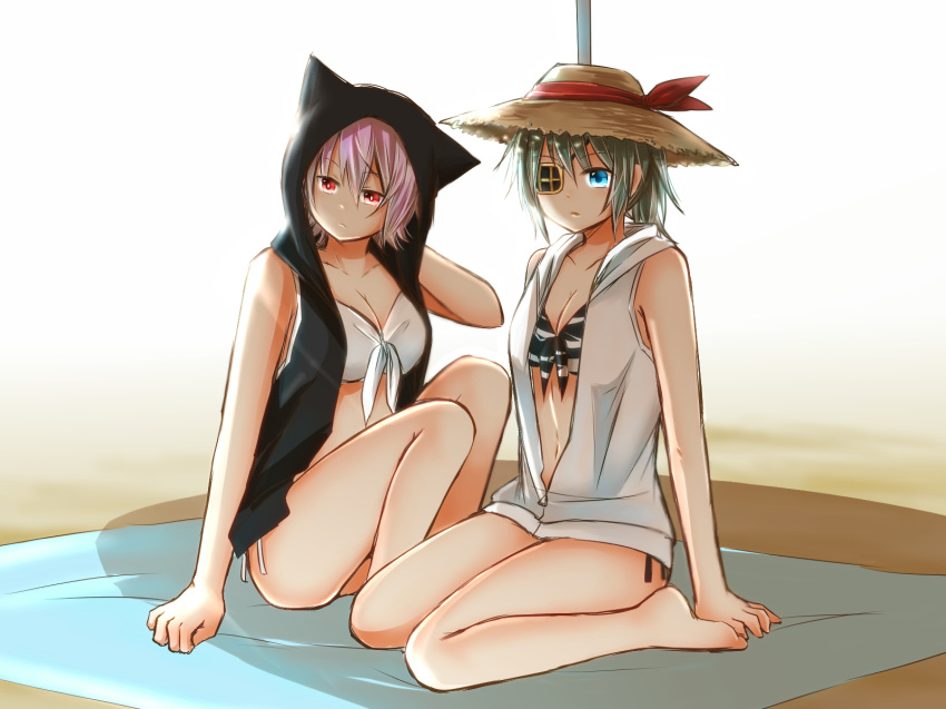 animal_hood barefoot beach bikini black_hoodie blanket blue_eyes cat_hood eyepatch green_hair hair_between_eyes hat highres hood hoodie kantai_collection kiso_(kantai_collection) multiple_girls navel open_clothes open_hoodie pink_hair red_eyes sitting sleeveless sleeveless_hoodie sorata_(sorairo_honpo) straw_hat striped striped_bikini swimsuit tama_(kantai_collection) wariza white_bikini white_hoodie