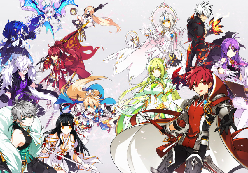 6+girls add_(elsword) aether_sage_(elsword) ainchase_ishmael aisha_(elsword) apsara_(elsword) aqua_eyes armor black_hair blonde_hair blue_eyes blue_hair bluhen_(elsword) book breasts brown_hair cape chevalier_(elsword) chung_seiker ciel_(elsword) cleavage code:_esencia_(elsword) comet_crusader_(elsword) daybreaker_(elsword) demon_girl demon_wings doom_bringer_(elsword) elesis_(elsword) elf elsword elsword_(character) empire_sword_(elsword) epaulettes eve_(elsword) flag fur_collar fur_trim gloves green_hair grey_hair gun hair_ornament ishtar_(elsword) jacket knight_emperor_(elsword) long_hair luciela_r._sourcream mechanical_arm minerva_(elsword) multicolored_hair multiple_boys multiple_girls non-web_source official_art pointy_ears ponytail purple_eyes purple_hair rage_hearts_(elsword) raven_(elsword) red_eyes red_hair rena_(elsword) rifle rose_(elsword) short_hair silver_hair sword tiara two-tone_hair very_long_hair weapon white_hair wings yellow_eyes