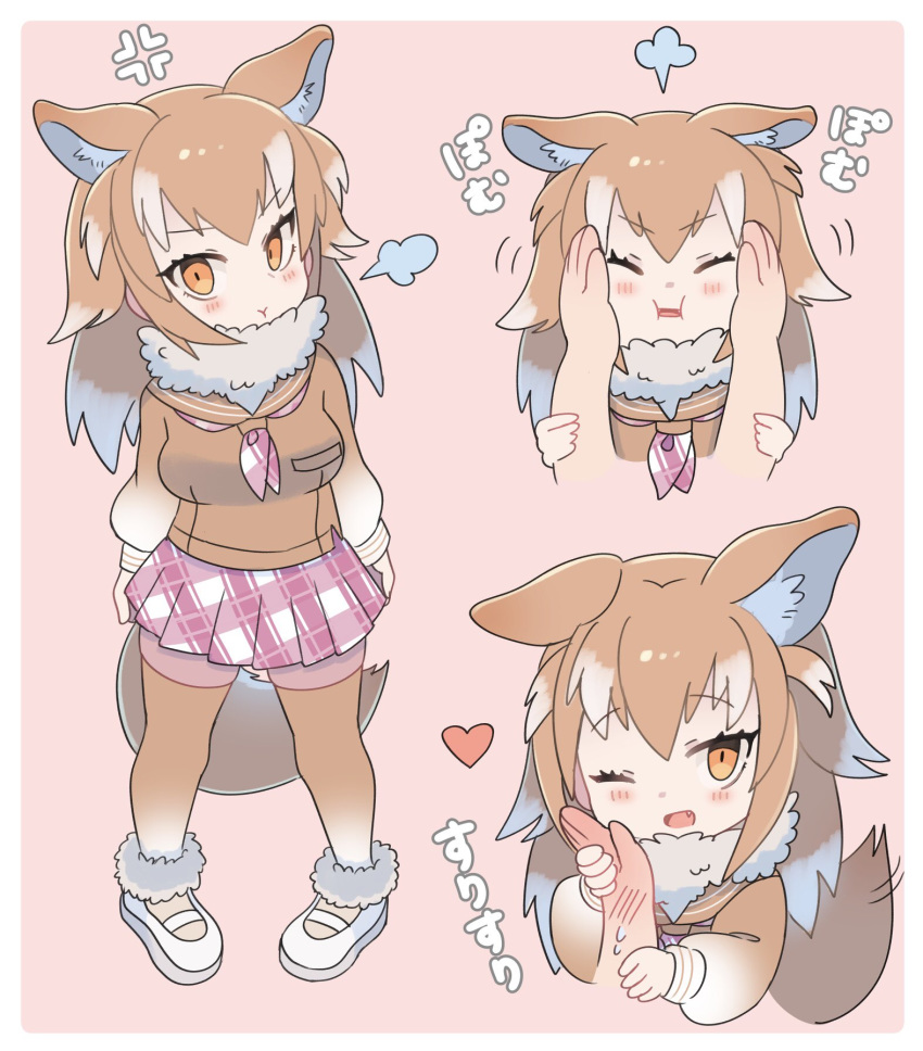 :t ;d ancolatte_(onikuanco) anger_vein animal_ear_fluff animal_ears blush commentary_request disembodied_limb eyebrows_visible_through_hair fang full_body fur_collar hand_on_another's_face headshot heart highres japanese_wolf_(kemono_friends) kemono_friends light_brown_hair long_hair long_sleeves multicolored_hair multiple_views neckerchief one_eye_closed open_mouth partially_translated plaid plaid_neckwear plaid_skirt pleated_skirt pout sailor_collar skirt smile squishing sweatdrop sweater tail thighhighs translation_request white_hair wolf_ears wolf_tail zettai_ryouiki