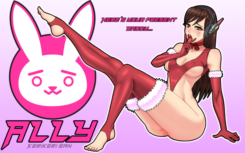 1girl artist_name asian ass bare_shoulders barefoot blush breasts brown_eyes brown_hair choker cleavage curvy d.va_(overwatch) elbow_gloves feet full_body gloves headphones highleg highleg_leotard hips huge_ass kerikeri-san legs leotard logo long_hair looking_at_viewer medium_breasts nail_polish one_leg_raised open_mouth overwatch pink_background simple_background sitting solo text_focus thick_thighs thighs toeless_legwear underboob wide_hips