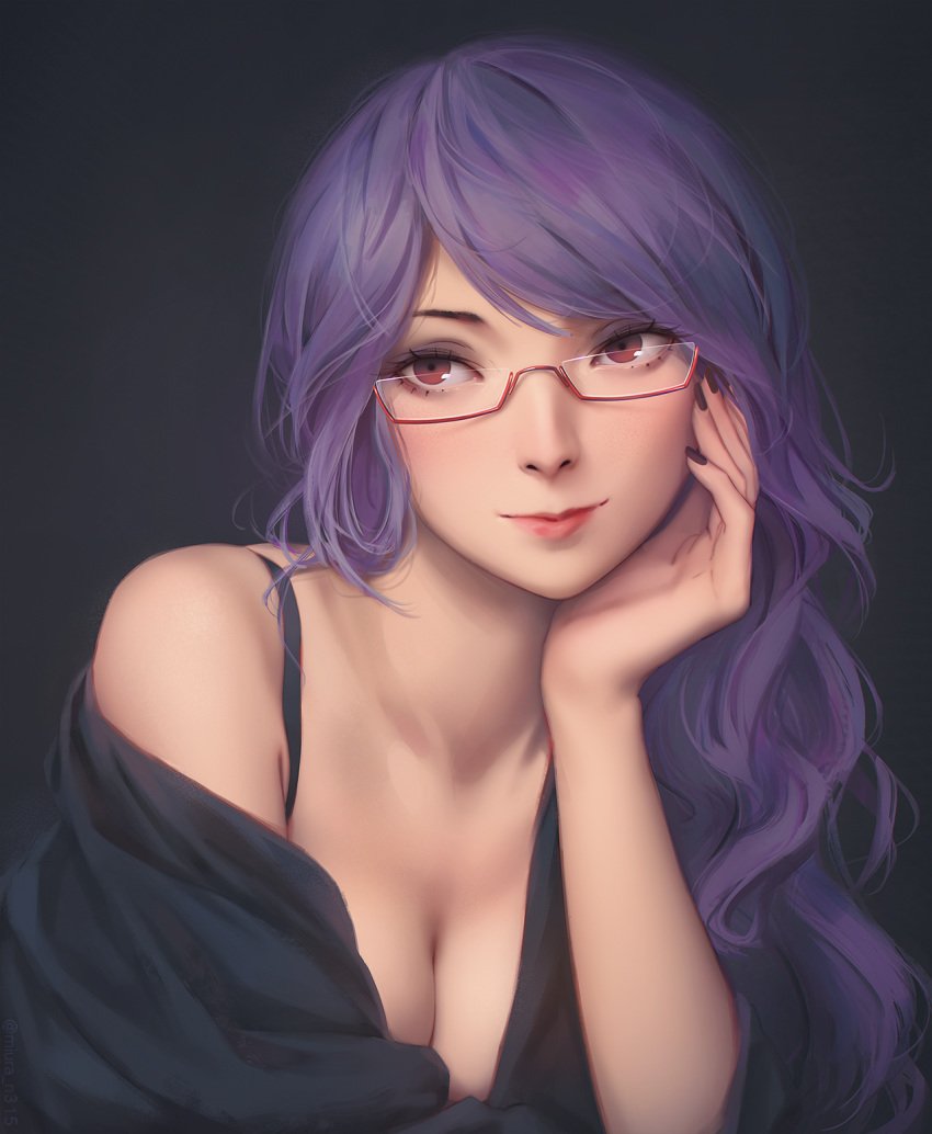 1girl arm_support bare_shoulders black_shirt breasts brown_eyes brown_nails cleavage closed_mouth collarbone commentary_request fingernails grey_background hand_up head_tilt highres kamishiro_rize long_hair medium_breasts miura-n315 nail_polish off_shoulder purple_hair red-framed_eyewear semi-rimless_eyewear shirt solo tokyo_ghoul under-rim_eyewear upper_body wavy_hair