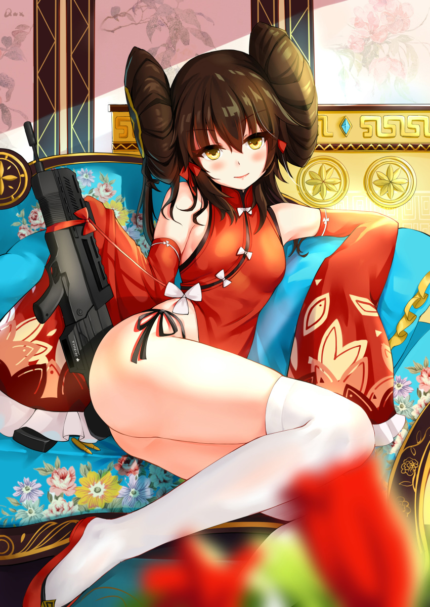 absurdres ass assault_rifle bangs bare_shoulders black_hair black_panties blurry blurry_foreground blush bow bow_dress breasts china_dress chinese_clothes chinese_commentary closed_mouth commentary_request couch depth_of_field detached_sleeves double_bun dress eyebrows_visible_through_hair floral_print flower frilled_sleeves frills girls_frontline gun hair_between_eyes hair_bow head_tilt highres indoors legs long_hair long_legs looking_at_viewer panties qbz-97 qbz-97_(girls_frontline) qianqiu_wanxia red_bow red_dress red_flower red_footwear rifle shade shiny shiny_hair side-tie_panties sidelocks signature sitting skindentation sleeves_past_fingers sleeves_past_wrists small_breasts smile solo sunlight thighhighs turtleneck twintails underwear weapon white_bow white_legwear wide_sleeves yellow_eyes