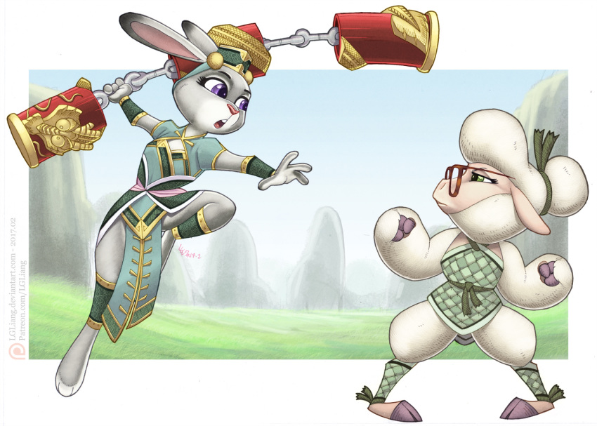 2017 anthro caprine chinese_clothing chinese_zodiac clothed clothing crossover dawn_bellwether disney duo eyewear female fight fist glasses green_eyes hooves judy_hopps jumping lagomorph loupgarou mammal melee_weapon midair nunchaku open_mouth purple_eyes rabbit sheep squint standing touzhai weapon yinyeong zodihavoc_(loupgarou) zootopia