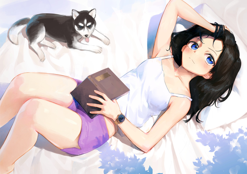 bare_legs barefoot black_hair blue_eyes blush book boyshorts closed_mouth commentary_request dog feet_out_of_frame hand_in_hair holding holding_book husky klasse14 long_hair looking_at_viewer lying on_back open_book original pillow shirt smile solo treeware watch white_shirt wristwatch