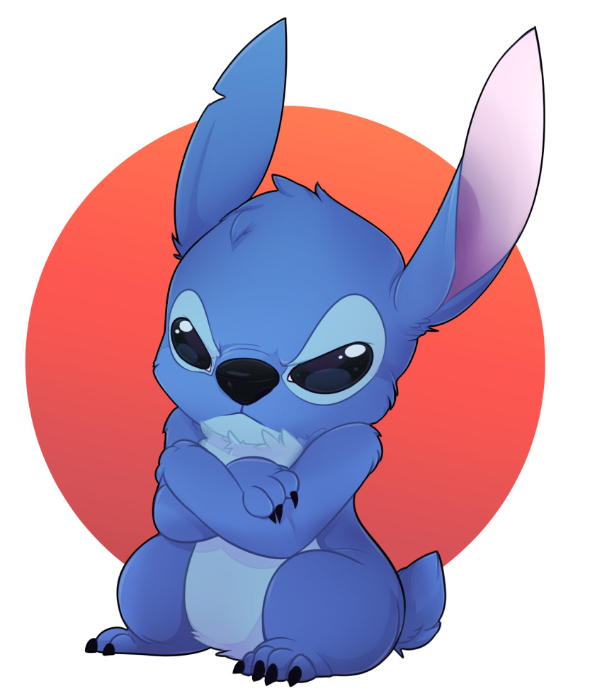 2017 4_toes alien alpha_channel black_claws black_eyes black_nose blue_fur chest_tuft chibi claws crossed_arms digital_media_(artwork) disney experiment_(species) fluffy fur gradient_background grumpy hi_res j0vi lilo_and_stitch looking_at_viewer notched_ear simple_background small_tail solo stitch toe_claws toes tuft