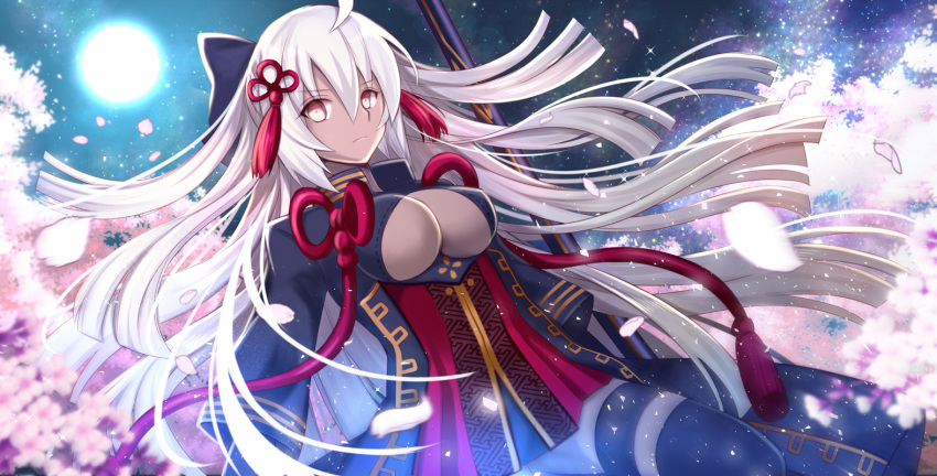 black_bow black_coat bow breasts cherry_blossoms cleavage cleavage_cutout commentary_request dark_skin fate/grand_order fate_(series) hair_between_eyes hair_bow large_breasts long_hair moon night night_sky nozomi_fuuten okita_souji_(alter)_(fate) okita_souji_(fate)_(all) red_scarf scarf sky solo tassel white_eyes white_hair