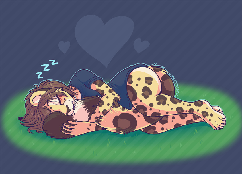 &lt;3 2018 4_toes 5_fingers anthro barefoot big_breasts black_nose bottomless breasts brown_hair butt cheetah claws clothed clothing cuddling cuddling_tail cute digital_media_(artwork) eyebrows eyelashes eyes_closed fangs feline female fur hair hi_res hug hybrid kora_brandis leopard lying mammal melangetic multicolored_fur open_mouth partially_clothed paws shirt simple_background sleeping smile snow_leopard solo spots spotted_fur t-shirt teeth text thick_thighs toe_claws toes tongue white_fur