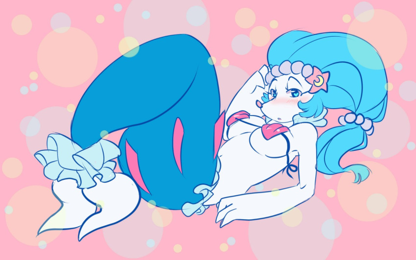 &lt;3 &lt;3_eyes 2018 anthro blue_hair blush breasts clothed clothing crescent_moon female hair jewelry long_hair looking_at_viewer luna_(roflfox) lying moon nintendo on_back onirin open_mouth pok&eacute;mon pok&eacute;mon_(species) primarina seashell_bra simple_background skimpy solo video_games