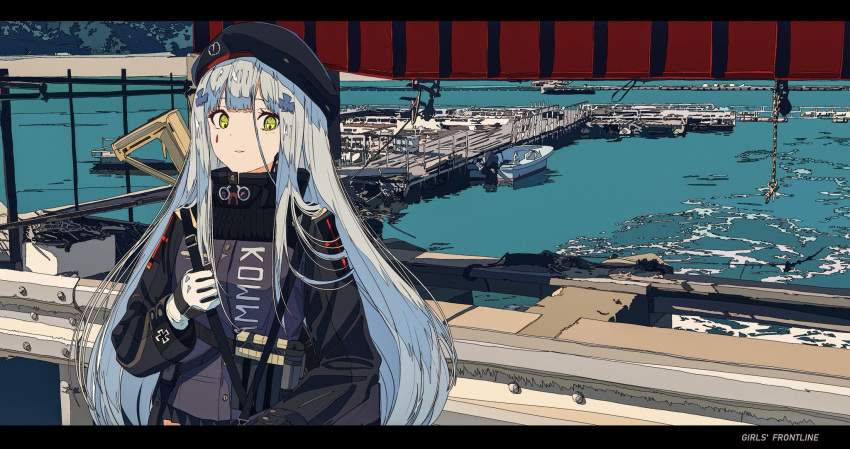 assault_rifle beret blue_hair boat commentary_request crane girls_frontline gloves green_eyes gun harbor hat heckler_&amp;_koch highres hk416 hk416_(girls_frontline) jacket kogecha_(coge_ch) long_hair looking_at_viewer ocean rifle ship solo watercraft weapon