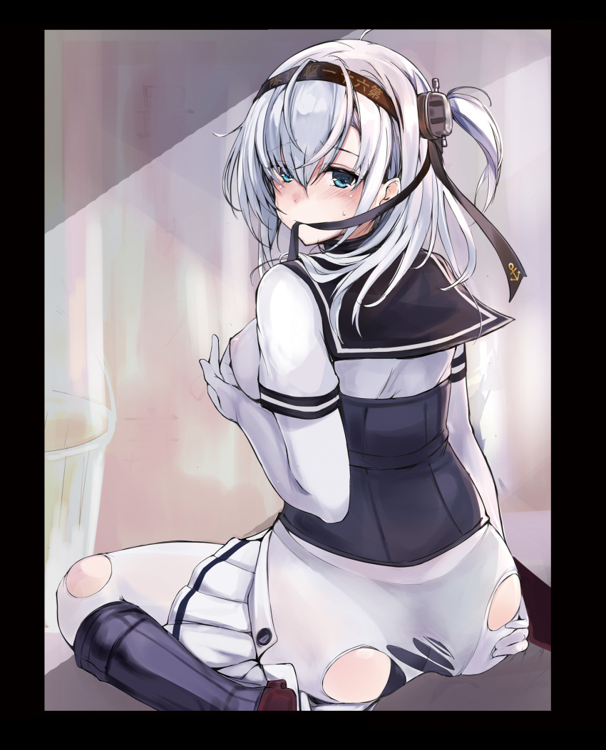 anchor_symbol ass bangs black_border black_footwear black_panties black_sailor_collar blue_eyes blush boots border breast_hold breasts clothes_writing commentary_request elbow_gloves eyebrows_visible_through_hair from_behind gloves hachimaki headband highres kantai_collection knee_boots long_hair looking_at_viewer looking_back medium_breasts miniskirt mouth_hold nipples one_side_up panties panties_under_pantyhose pantyhose sailor_collar school_uniform see-through serafuku short_hair skirt skirt_pull solo suzutsuki_(kantai_collection) torn_clothes torn_legwear tsuzuri_(itosousou) underwear white_gloves white_hair white_legwear white_skirt