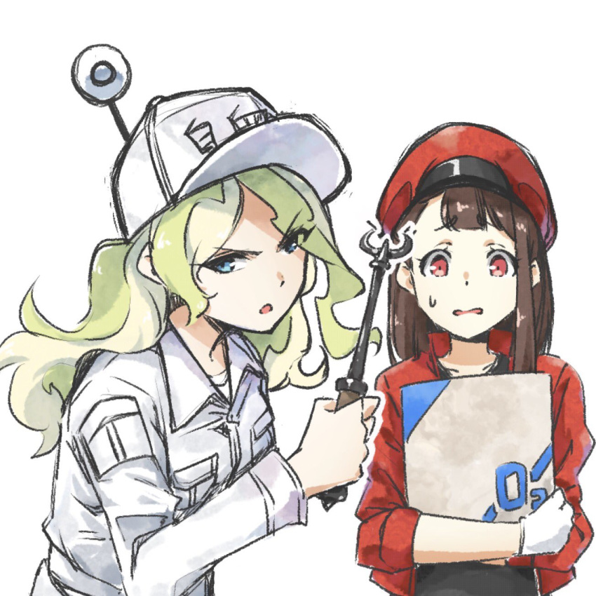 alternate_costume asymmetrical_bangs bangs blue_eyes blush brown_hair cabbie_hat commentary cosplay diana_cavendish employee_uniform glaring gloves hat hataraku_saibou highres jumpsuit kagari_atsuko light_green_hair little_witch_academia multicolored_hair multiple_girls open_mouth red_blood_cell_(hataraku_saibou) red_hair seren_lwa simple_background sweatdrop symbol_commentary two-tone_hair uniform upper_body wand white_background white_blood_cell_(hataraku_saibou) white_blood_cell_(hataraku_saibou)_(cosplay)