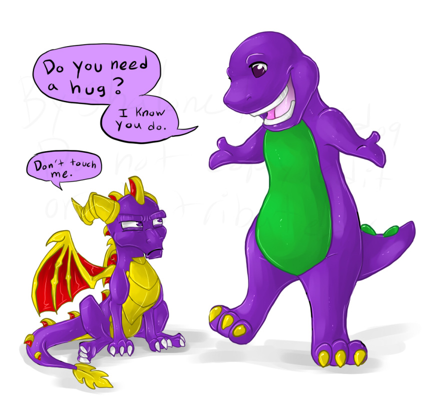 barney barney_and_friends crossover dialogue dinosaur dragon english_text frown happy humor scalie shalonesk smile spyro spyro_the_dragon text video_games watermark