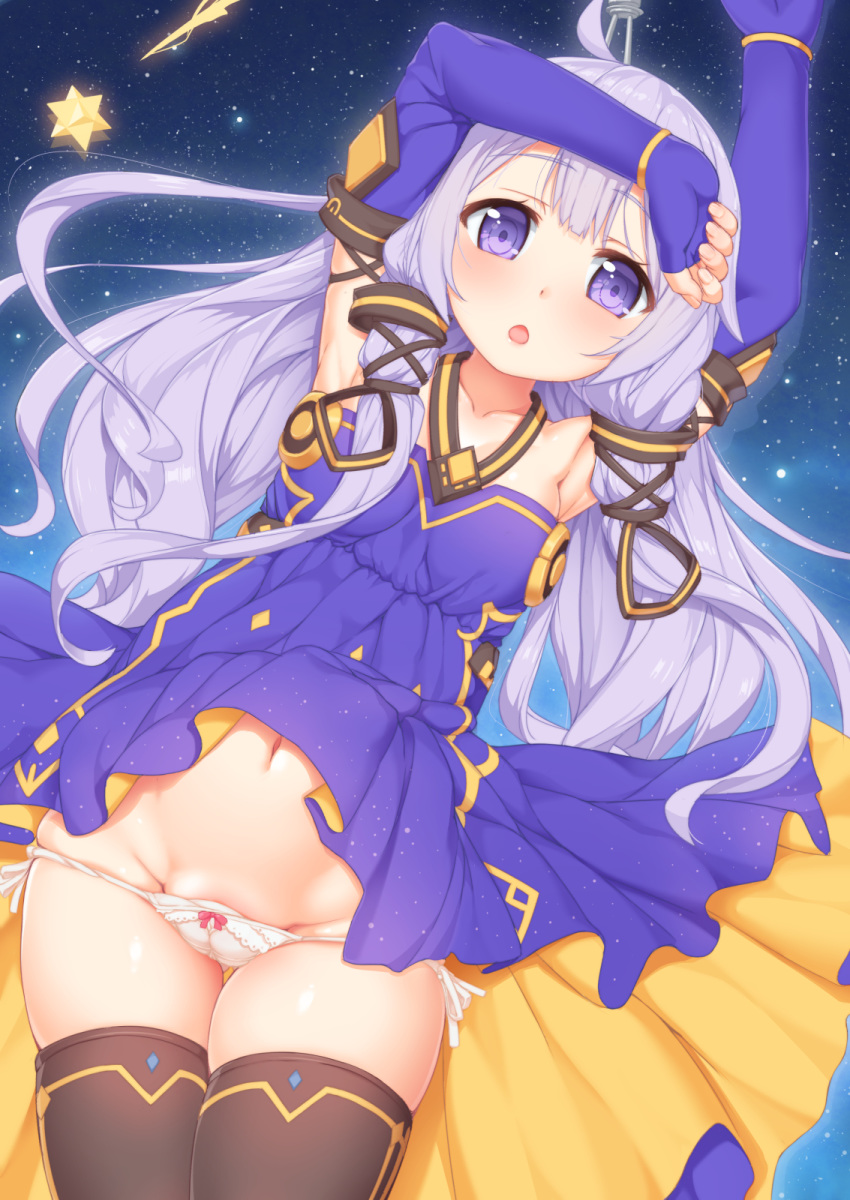 :o ahoge arms_up azur_lane bow bow_panties brown_legwear cameltoe collarbone commentary_request cosplay dress elbow_gloves eyebrows_visible_through_hair fingerless_gloves gloves hair_ornament hair_ribbon highres lavender_hair long_hair looking_at_viewer lowleg lowleg_panties navel panties panty_pull purple_dress purple_eyes purple_gloves revision ribbon side-tie_panties skindentation solo star starry_background tachimi_(basue) thigh_gap thighhighs underwear unicorn_(azur_lane) vocaloid white_panties xingchen xingchen_(cosplay)