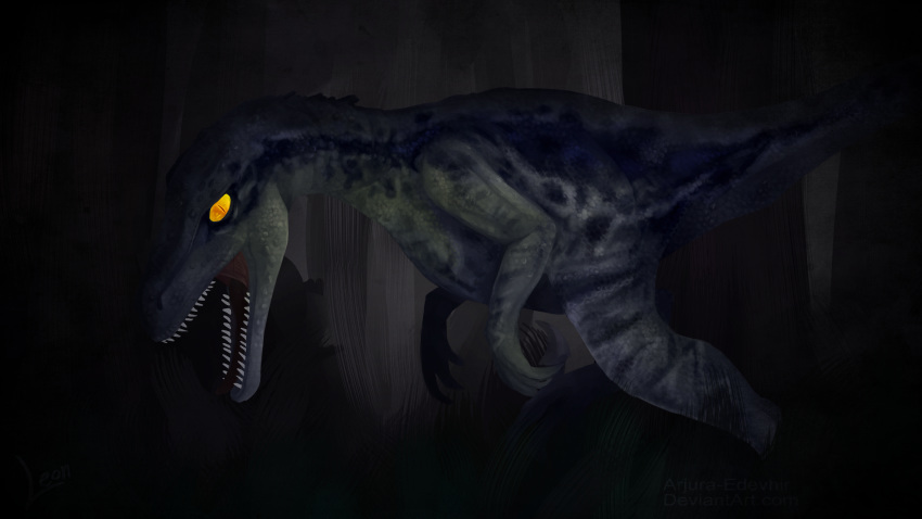 2018 absurd_res arjura_edevhir_(artist) blue_(jurassic_world) claws detailed_background digital_drawing_(artwork) digital_media_(artwork) dinosaur female feral hi_res illustration invalid_tag jurassic_park jurassic_world looking_at_viewer open_mouth outside raptor reptile scales scalie sharp_teeth simple_background solo teeth theropod toe_claws toes tongue tongue_out tree yellow_eyes