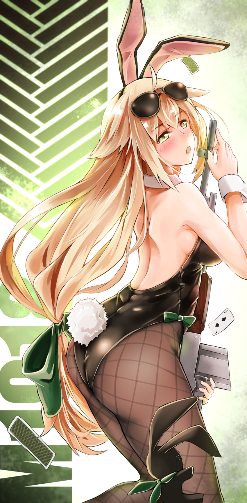 ahoge animal_ears ass aviator_sunglasses back bare_shoulders black_leotard blonde_hair blush breasts bunny_ears bunny_girl bunny_tail bunnysuit commentary detached_collar eyebrows_visible_through_hair eyewear_on_head from_behind girls_frontline green_eyes gun highres large_breasts leotard long_hair looking_at_viewer looking_back low-tied_long_hair m1918_bar m1918_bar_(girls_frontline) machine_gun open_mouth pantyhose shoulder_blades solo sunglasses tail thighs very_long_hair weapon wrist_cuffs yilan_un