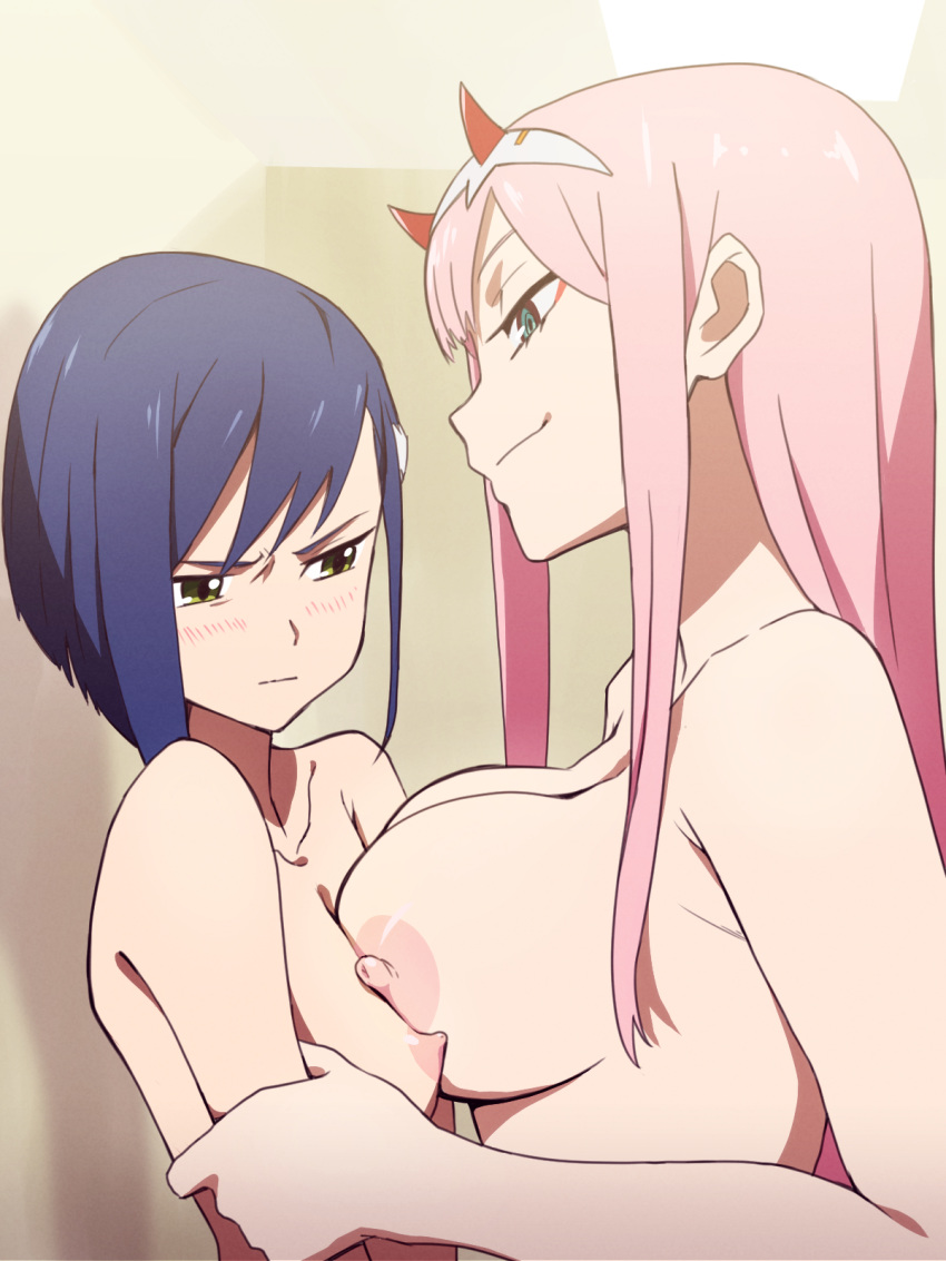 asymmetrical_docking blue_hair blush breast_envy breast_press breasts closed_mouth commentary_request darling_in_the_franxx green_eyes highres horns ichigo_(darling_in_the_franxx) large_breasts long_hair looking_at_another monsoon multiple_girls nipples nude pink_hair red_horns short_hair size_difference small_breasts smile smirk upper_body yuri zero_two_(darling_in_the_franxx)