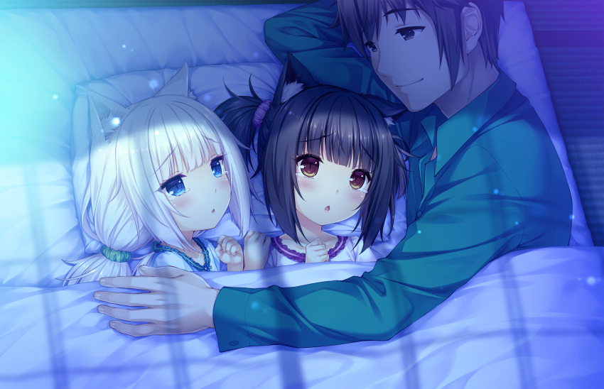 2girls animal_ears bed black_hair blue_eyes blush brown_eyes brown_hair cat_ears chocola_(sayori) eyebrows_visible_through_hair game_cg highres indoors long_hair looking_at_another lying minazuki_kashou multiple_girls nekopara non-web_source pillow sayori short_hair sleepwear smile tears twintails vanilla_(sayori) white_hair