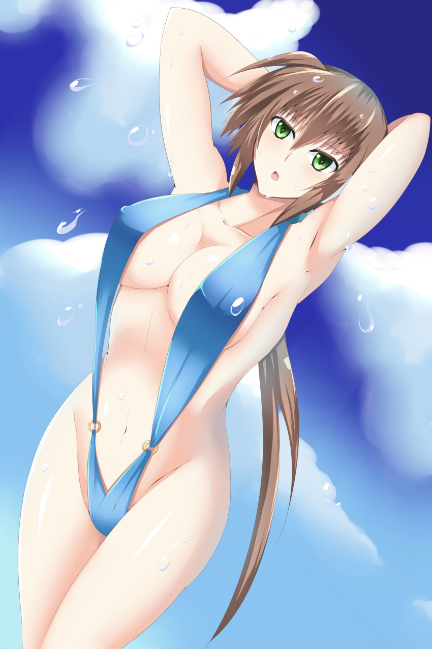 1girl :o aile alternate_breasts_size armpits arms_over_head arms_up bangs blue_swimsuit breasts brown_hair cloud cowboy_shot dutch_angle erect_nipples female green_eyes hair_between_eyes hips inti_creates large_breasts legs_together long_hair navel open_mouth rockman rockman_zx rockman_zx_advent sideboob sky slingshot_swimsuit solo standing summer swimsuit tgxx3300 water_drop water_drops wet