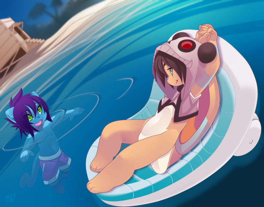 2018 5_fingers anthro bottomless cat clothed clothing detailed_background digital_media_(artwork) duo feline green_eyes hair male mammal partially_submerged phation purple_hair smile topless