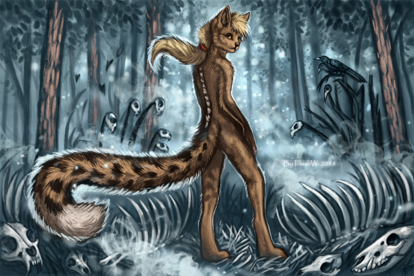 2018 anthro avian bird black_nose blonde_hair brown_fur butt_pose day detailed_background digital_media_(artwork) feline flashw forest fur group hair mammal nude outside spines tree