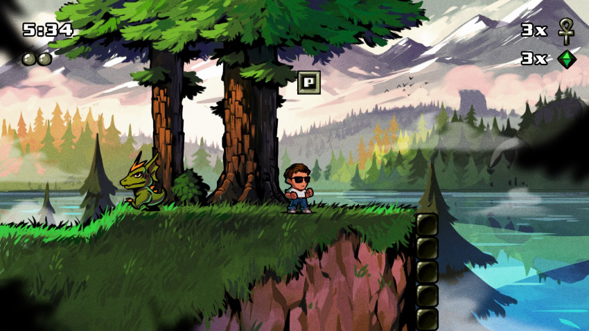 ben_fiquet black_jacket brown_hair chibi clenched_hands denim fake_screenshot gem grass hair_slicked_back highres jacket jeans kid_chameleon kid_chameleon_(game) leather leather_jacket male_focus monster pants parted_lips shirt sunglasses t-shirt timestamp white_shirt