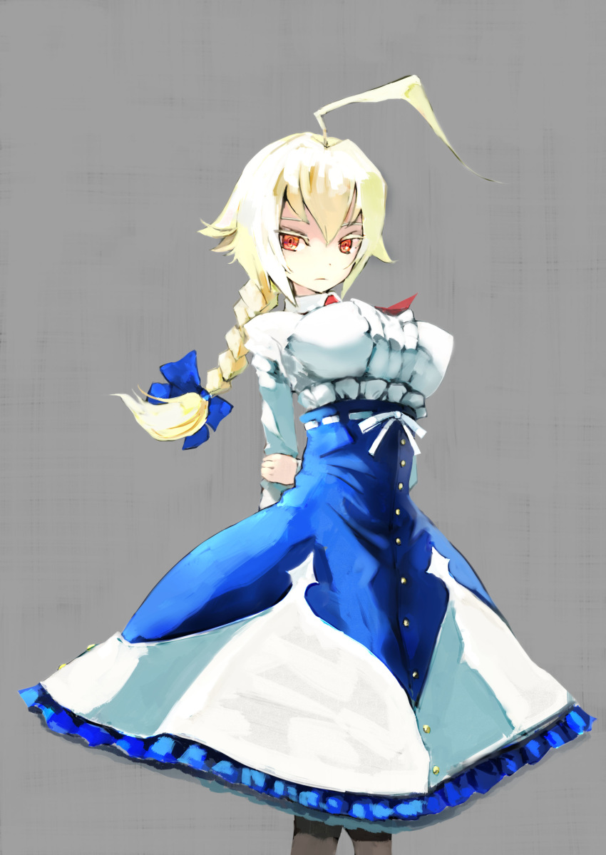 1girl absurdres ahoge arms_behind_back bana_(stand_flower) black_legwear blazblue blonde_hair blue_bow bow braid breasts commentary_request es_(xblaze) expressionless feet_out_of_frame frilled_shirt_collar frills grey_background hair_between_eyes hair_bow highres holding_arm huge_ahoge large_breasts long_braid long_hair long_skirt long_sleeves necktie red_eyes single_braid skirt solo xblaze xblaze_code:_embryo