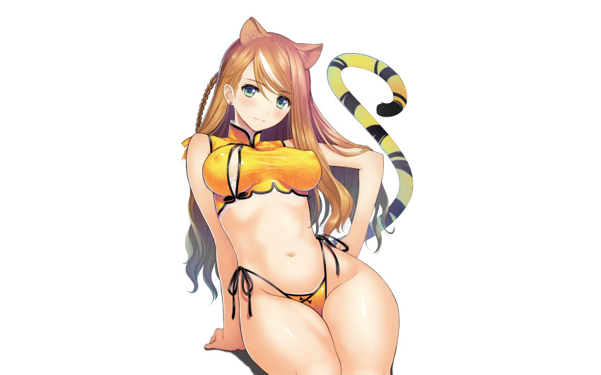 animal_ears bikini blush braids brown_hair erect_nipples long_hair navel photoshop scan swimsuit tail taka_tony white